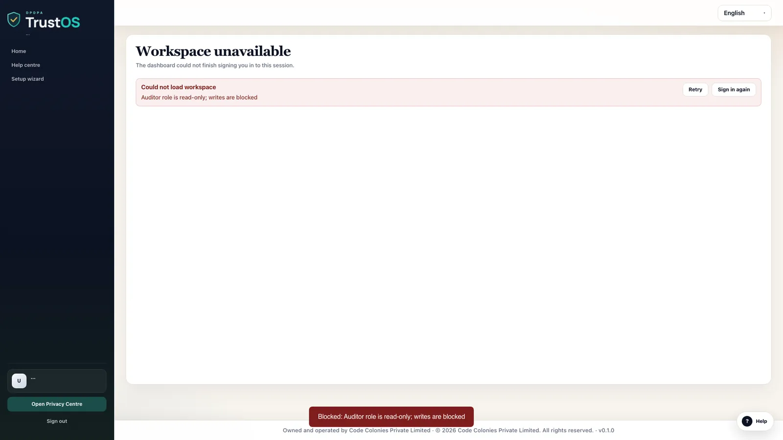 An auditor's attempt to change a record, blocked because the auditor role is read only