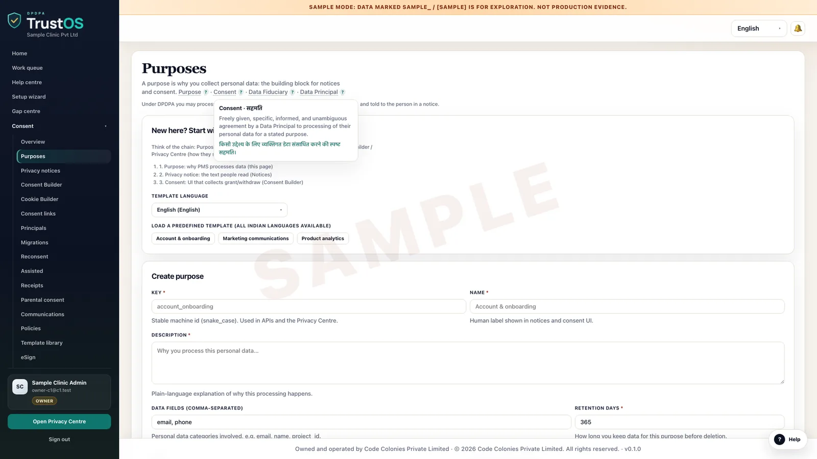 Purposes register listing each purpose with its ground and retention