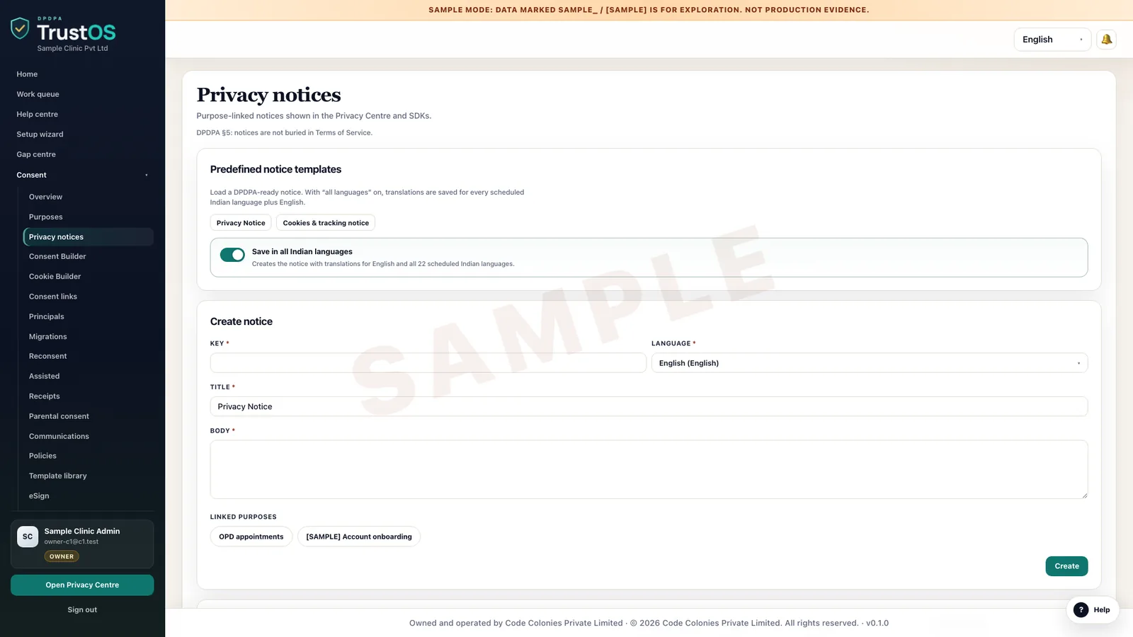 Privacy notices with versions and languages