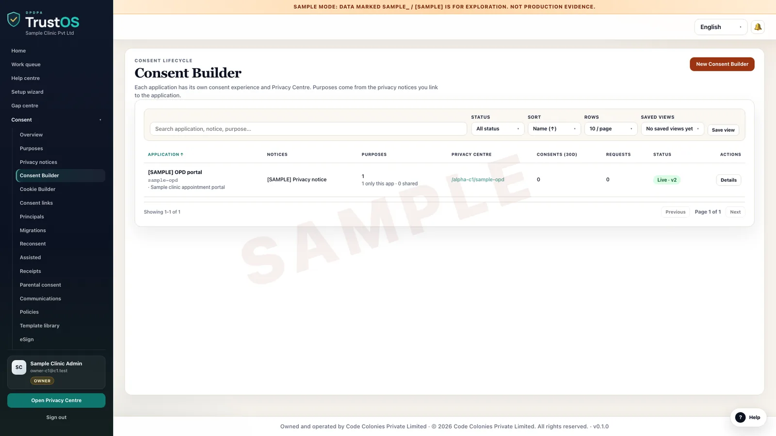 Consent builder listing consent forms and their status