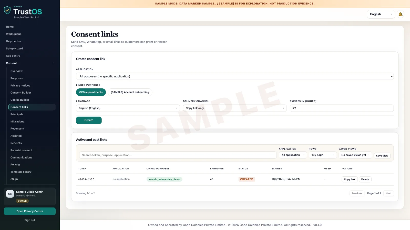 Consent links for collecting consent through shared URLs