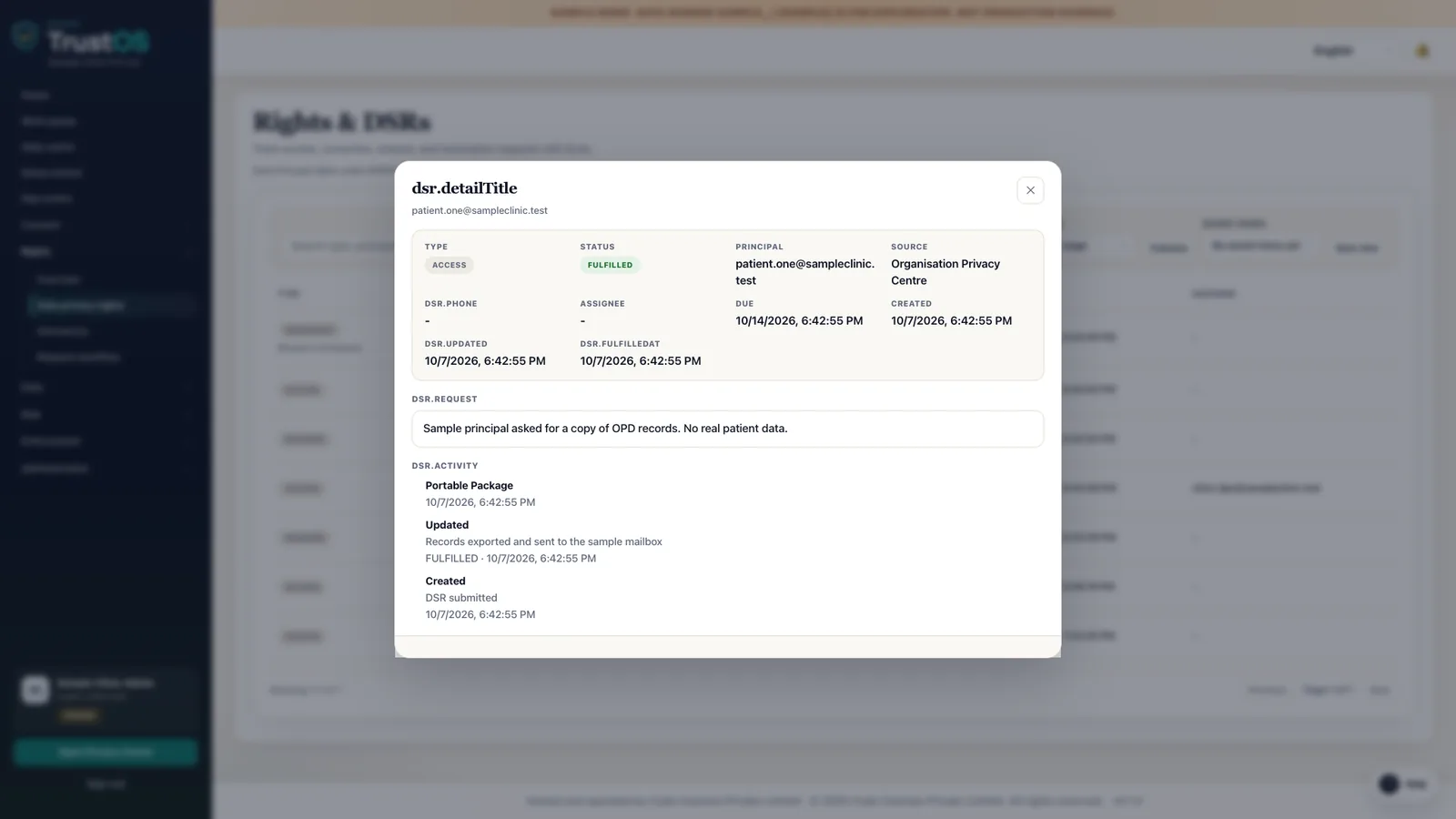 An open erasure request with its workflow steps