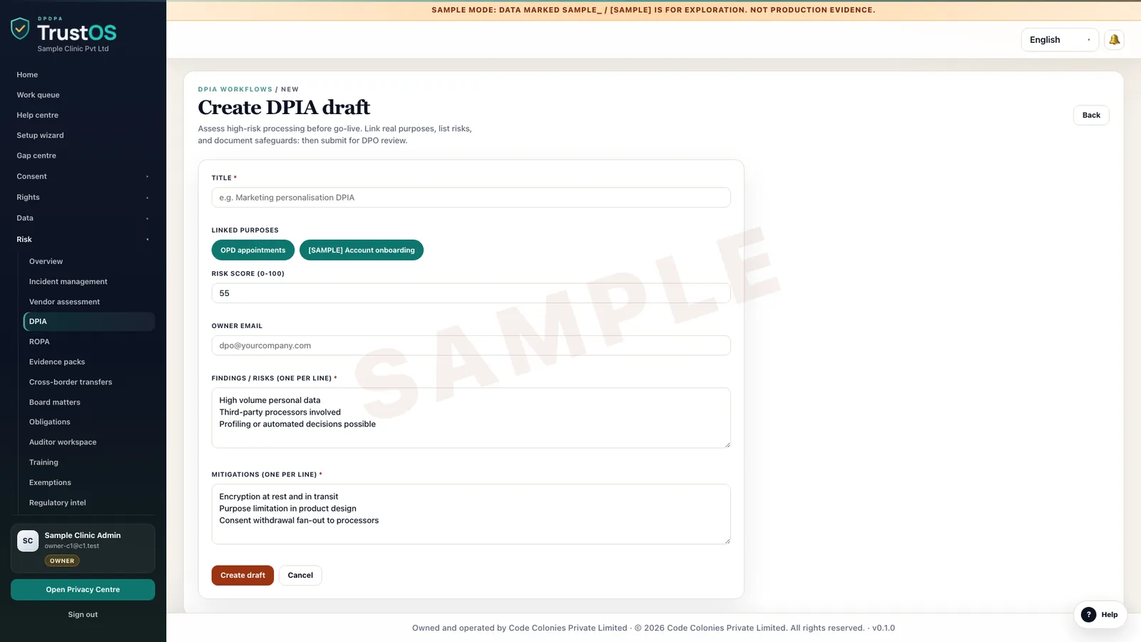 A Data Protection Impact Assessment in detail with risks and actions