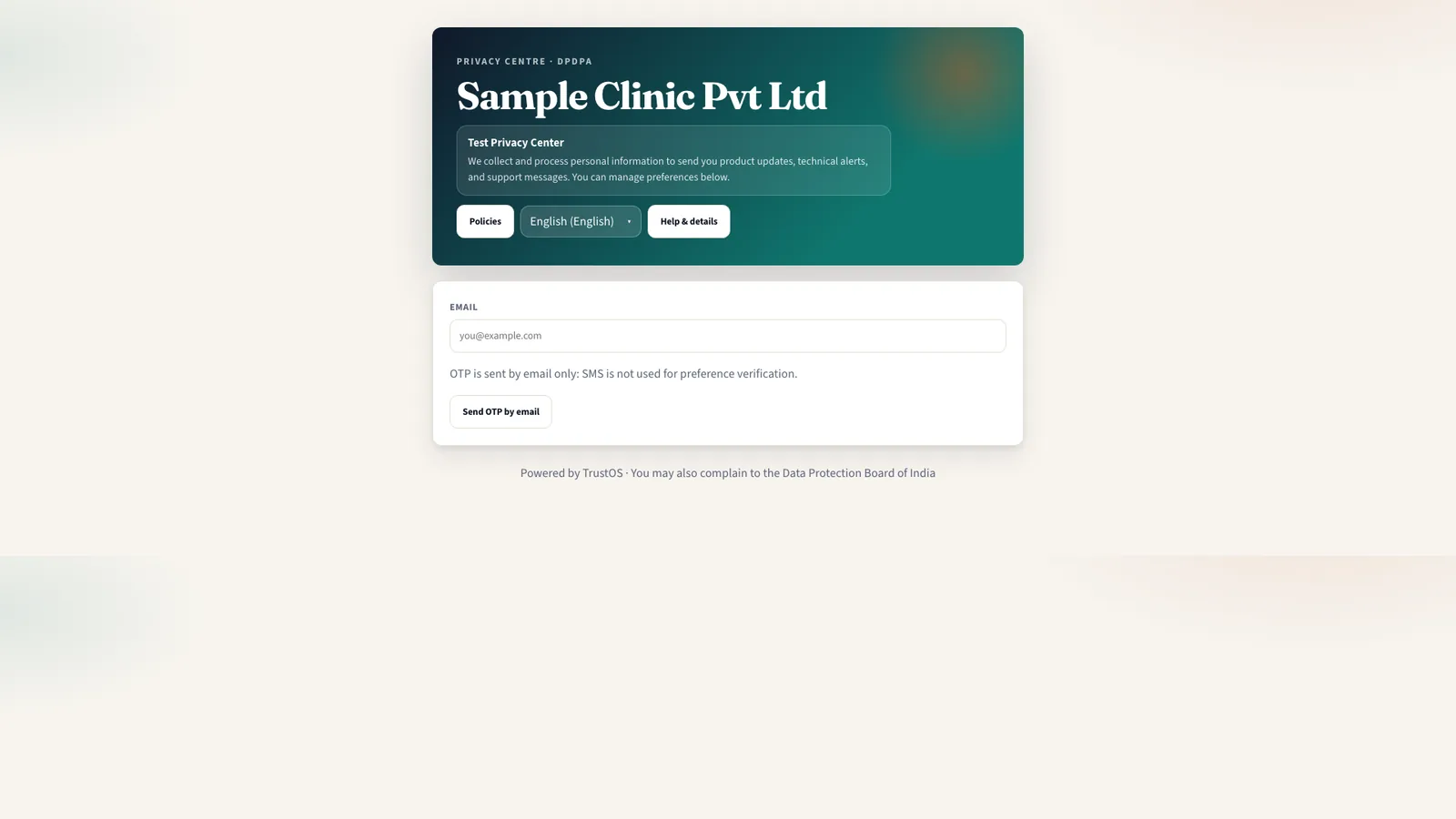 The Privacy Centre home page for a sample clinic