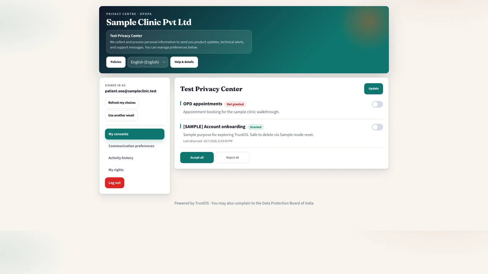 A consent withdrawal in the Privacy Centre